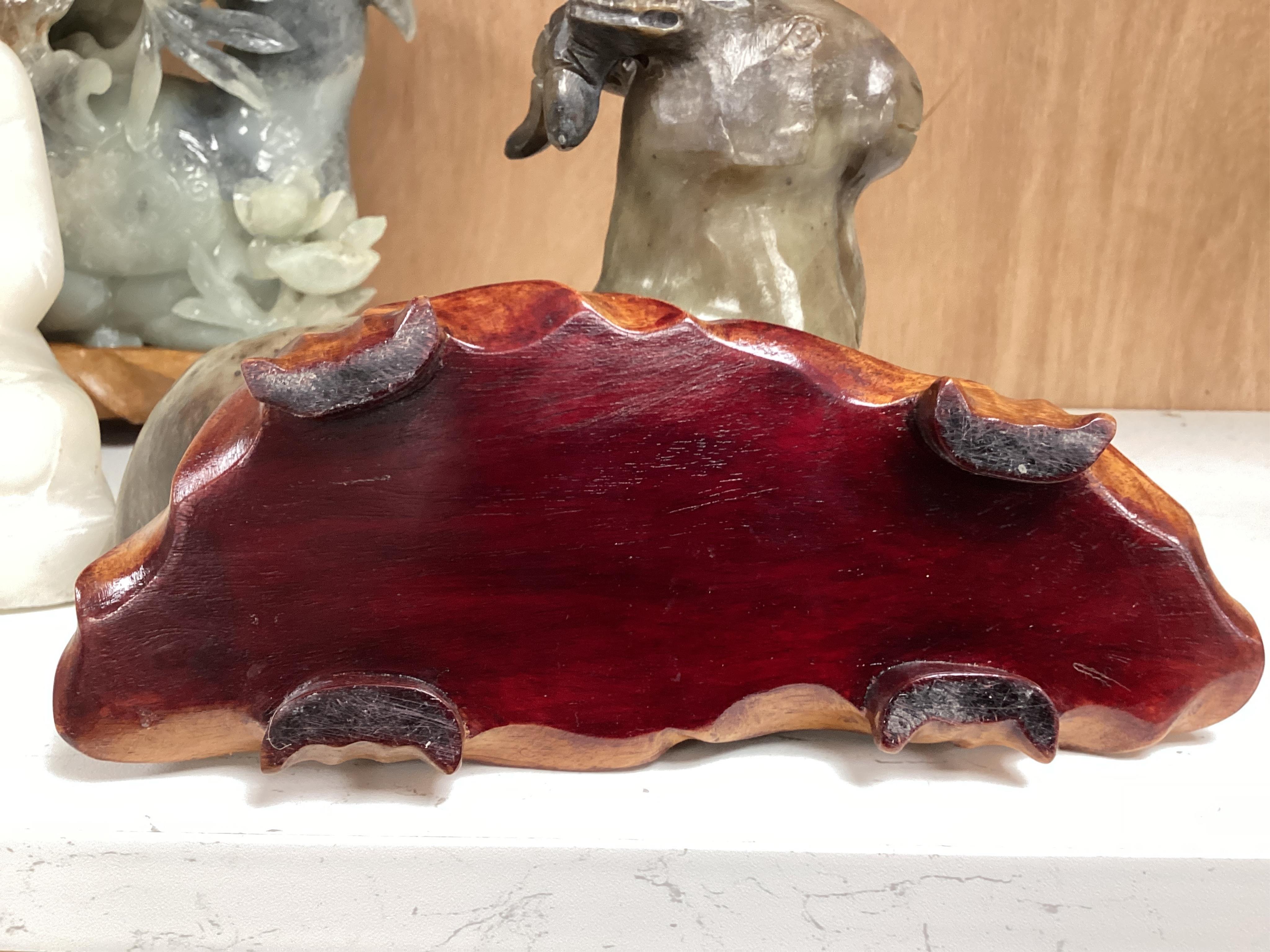 Two modern jade figures, together with a marble Buddha and a carved giltwood figure, largest 24cm wide
